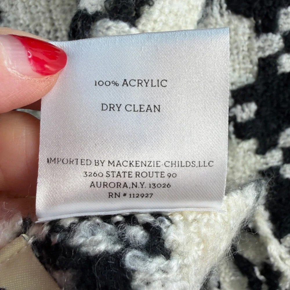 MacKenzie Childs Houndstooth Throw Blanket Fringe Black Ivory‎ 51